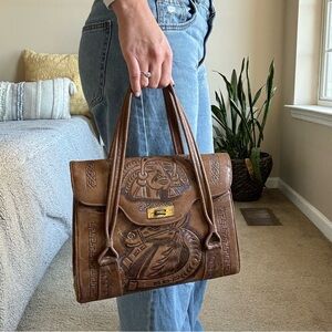 Vintage Mid-century tooled leather Mexican handbag w/ Aztec Indian Horse&Mandala